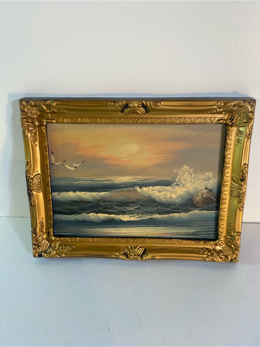Vintage Miniature Nautical Oil Painting On Board Ornate Plastic Gold Frame